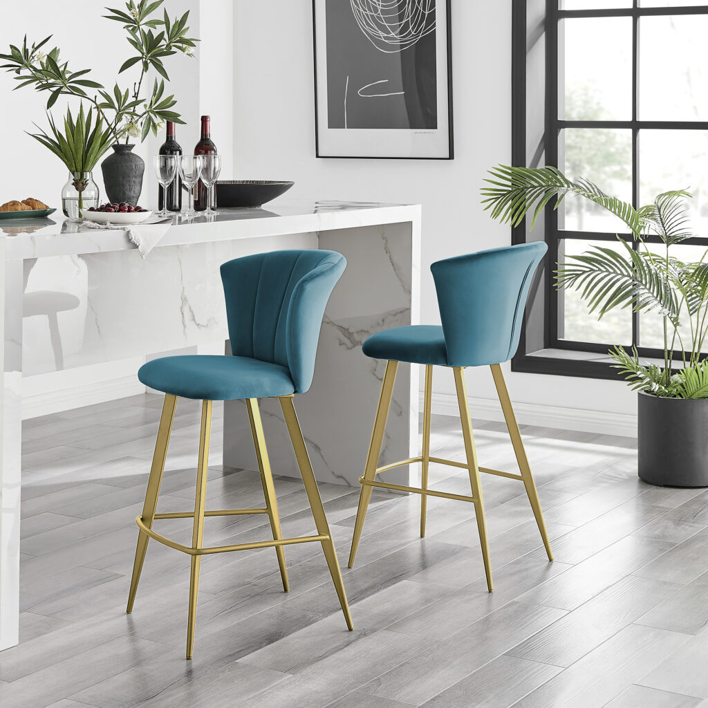 Pair of teal blue velvet bar chair stool with fluted back and gold legs