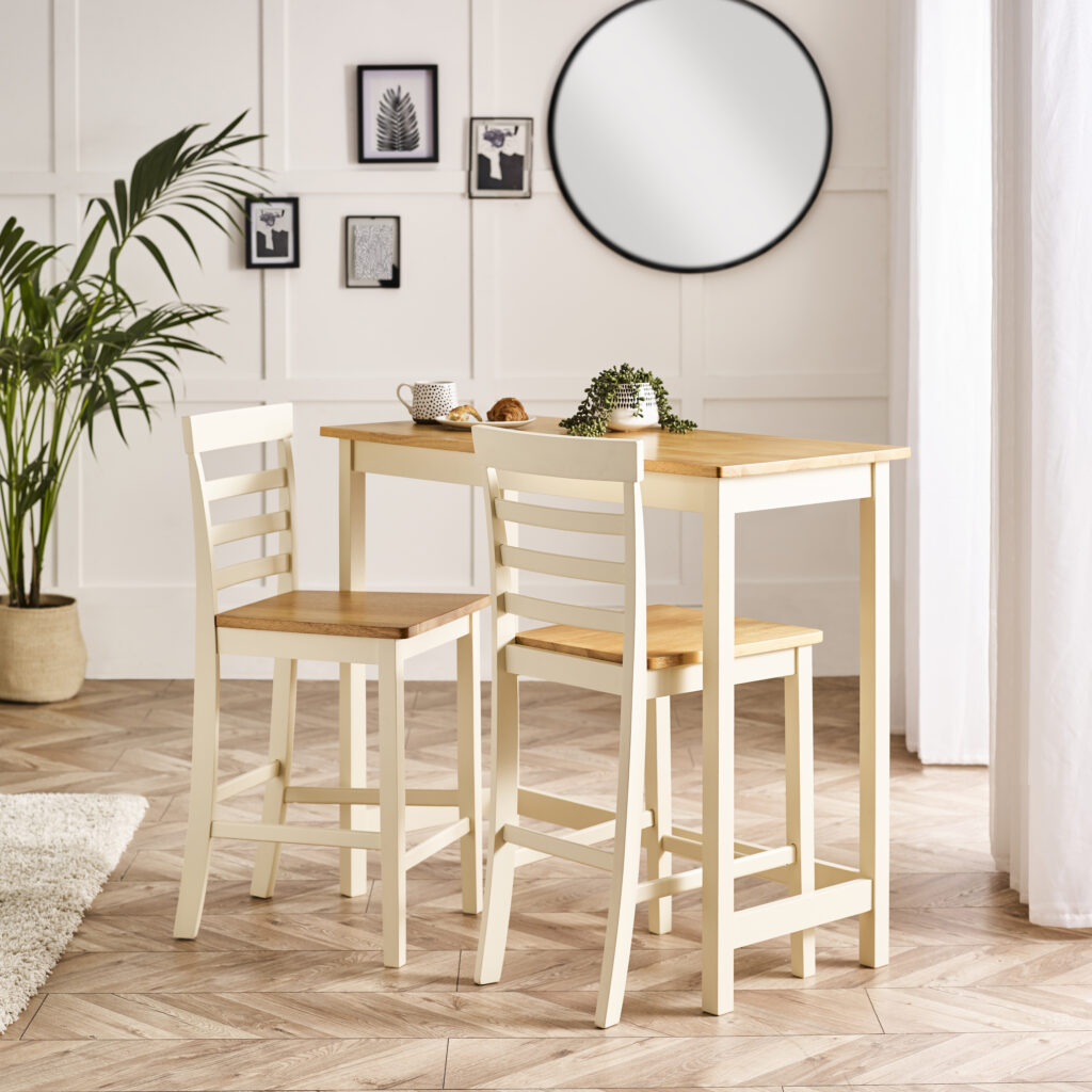 bar table with 2 matching bar chair stools in cream and oak for a home bar