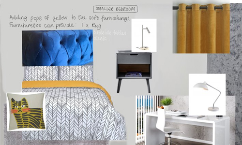 mood board featuring colours, sofa, desk, bedside table and lamp, and artwork 