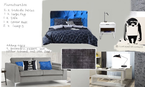 mood board featuring colours, sofa, desk, bedside table and lamp, and artwork 