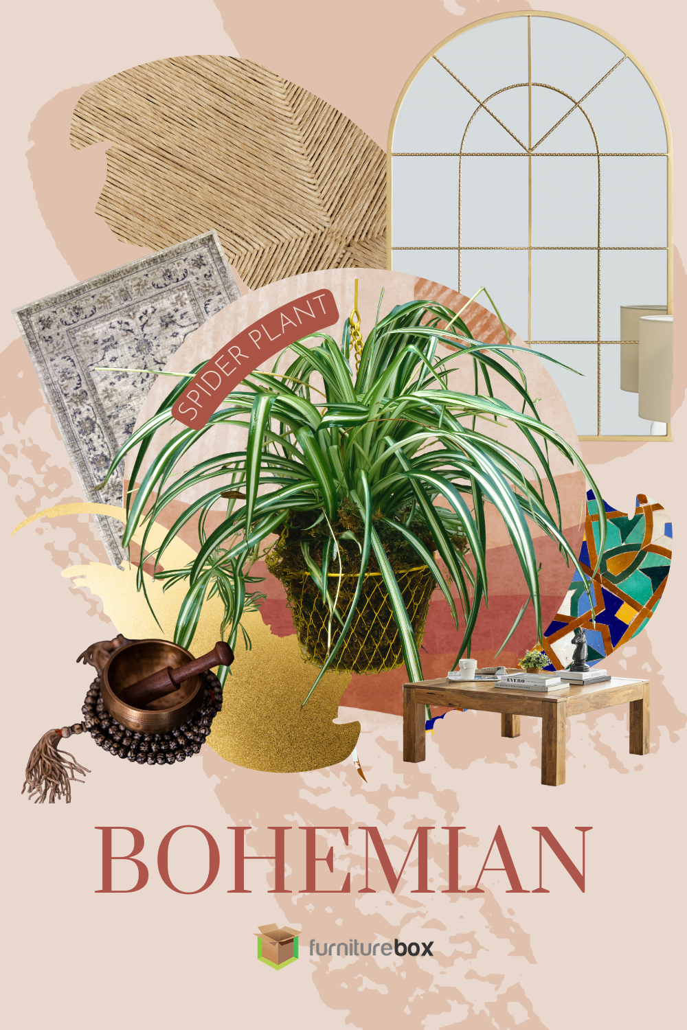 Houseplant interior design for Bohemian style using a spider plant and boho colours, patterns and furniture pieces. 