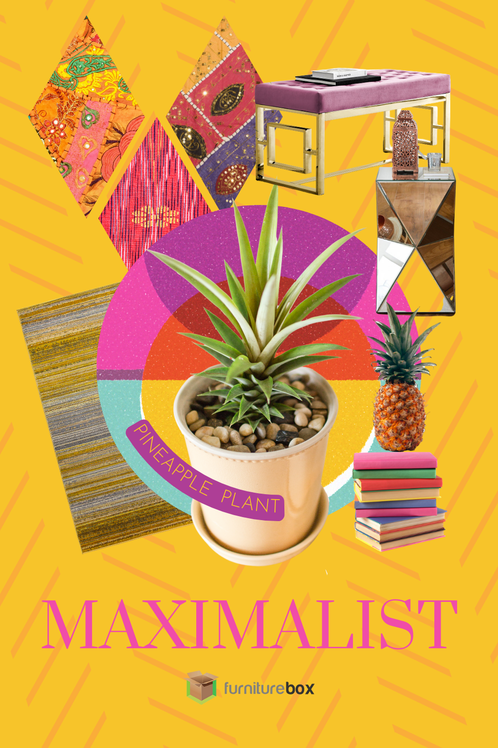 Houseplant interior design for Maximalist style using a pineapple plant and bold colours, patterns and furniture pieces.