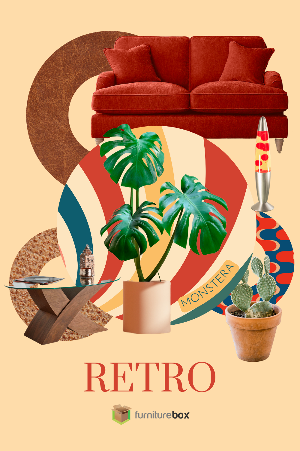 Houseplant interior design for Retro style using a monstera or Swiss cheese plant and retro colours, patterns and furniture pieces.