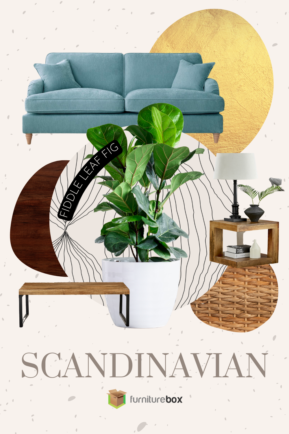 Houseplant interior design for Scandinavian style using a fiddle-lead fig plant and neutral colours, patterns and furniture pieces.  