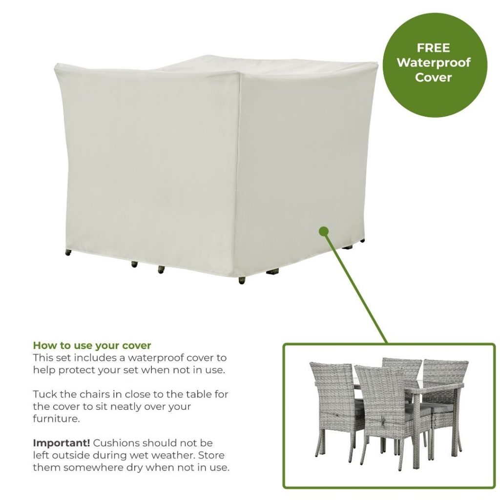 waterproof cover for outdoor garden furniture - infographic displaying how to arrange an outdoor table and chairs to fit beneath a waterproof cover.