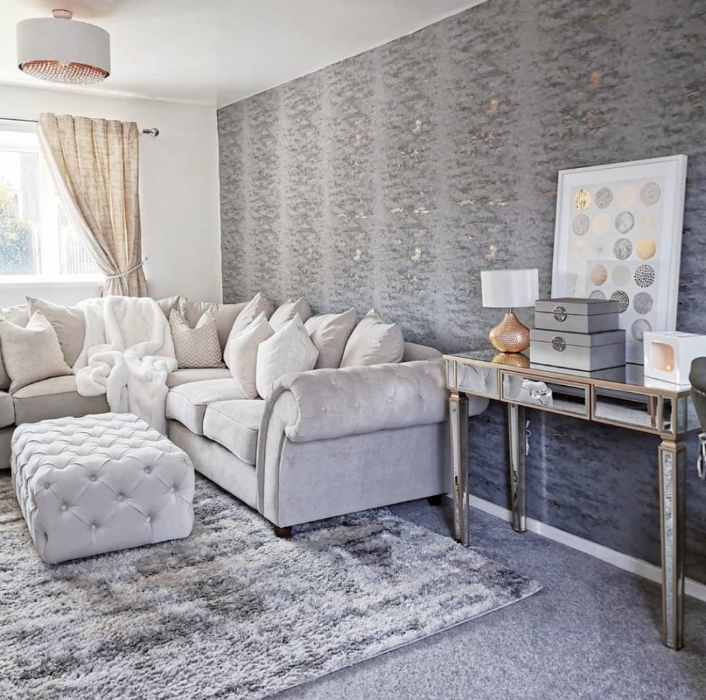 The Madrid console table being used in an elegent white and grey living room