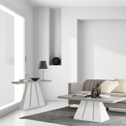 white living space with b3eige stoen effect greciaan inspired coffee and console table