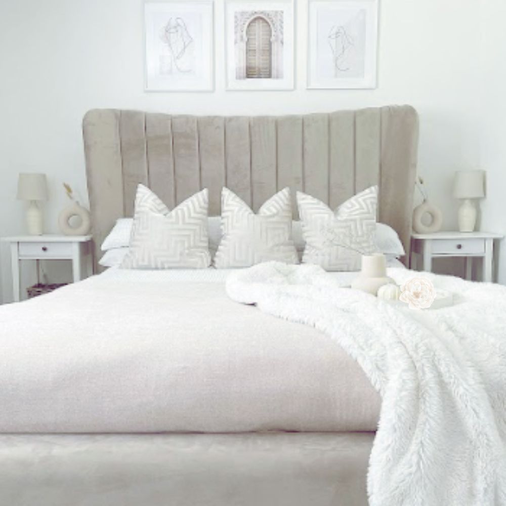 beige velvet bed dressed for summer