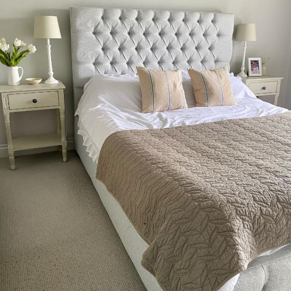 elegant bedroom, white bed, cream bedding