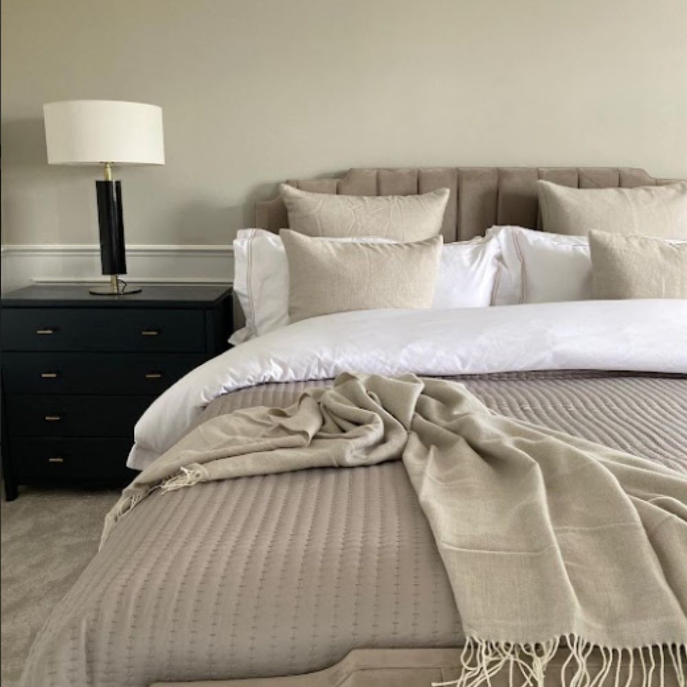 contemporary upholstered velvet bed in white and beige