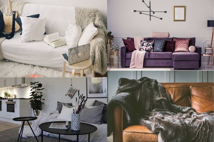 Complementary fabrics. Collage image featuring 4 interios f different styles. 1st image : cotton fabric sofa with matching white denime and crochet cushons, and beige faux fur throw. 2nd image: grey linen sofa with collection of grey, blakc and white cotton cushions and large chunky knit grey throw. 3rd image - purple velvet sofa with satin and velvet cusions in shades of pink, burgundy and navy. 4th image: brown leather sofa with brown faux fur throw with satin back. 