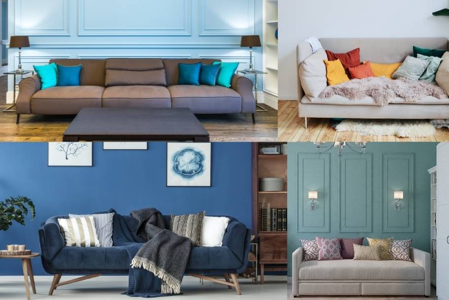 Use colour, pattern and texture to create interest and dimension - collage of 4 different interior styles. 1st is modern brown sofa with cushions in shades of teal, 2nd is navy velvet sofa with navy and grey throws with whitem nevy and grey cusiohs. 3rd is beige sofa with collection of patterned cushions in pastel pinks and yellows. 4th is modern beige sofa with bright cushions ins reds, oranges, yellows, greens, with patterns and a fury throw between them. 