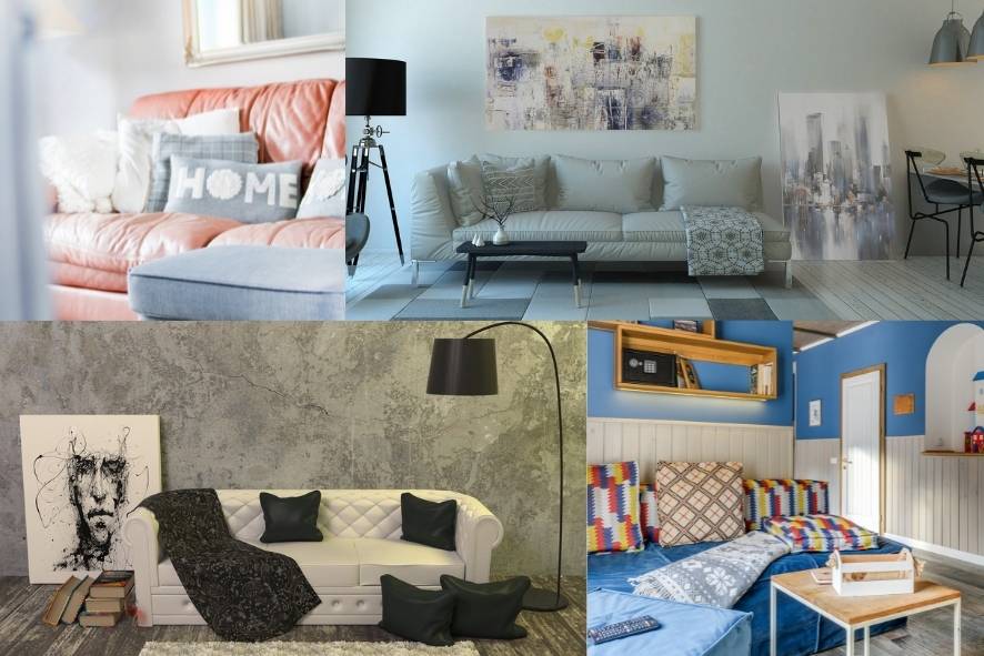 match your home's personality - collage of 4 different interior styles - cosy and soft, neutral and calm, montone and modern, and bold bright boho. 