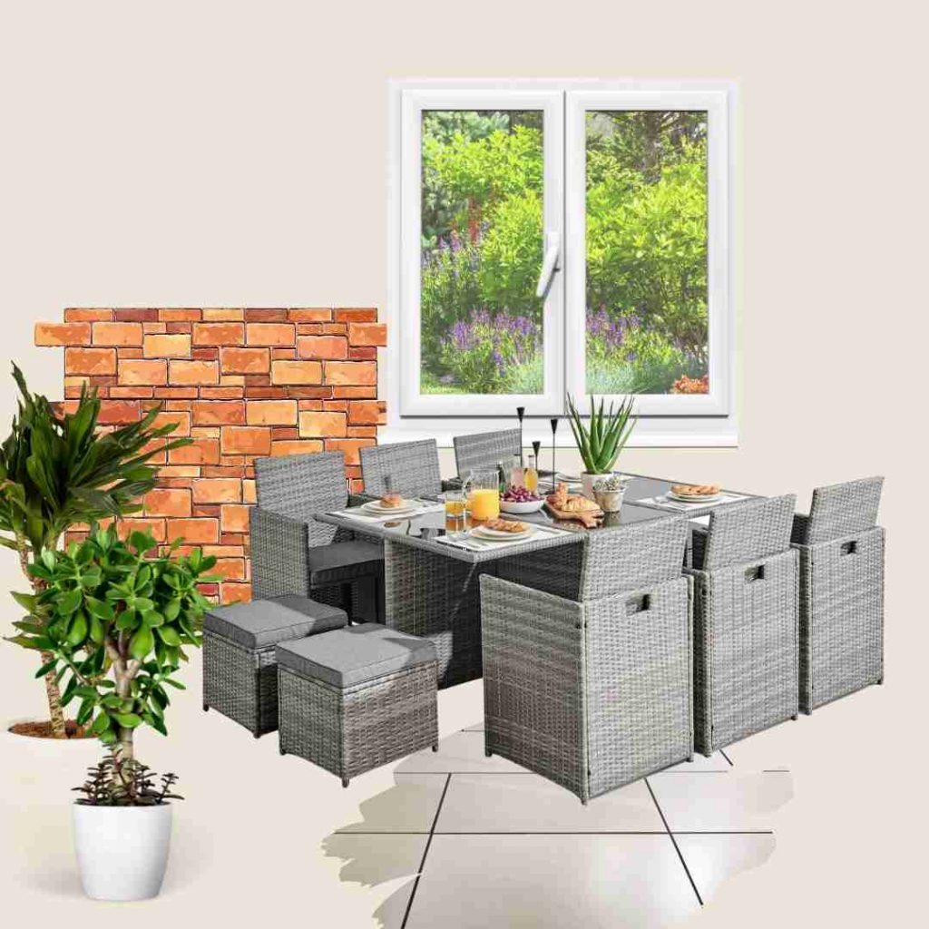grey rattan garden dining set with 6 chairs and 2 stools and glass topped table, in mood board with swatches of red brick and cream tiling, white UPVC window with garden view and tall potted green plants
