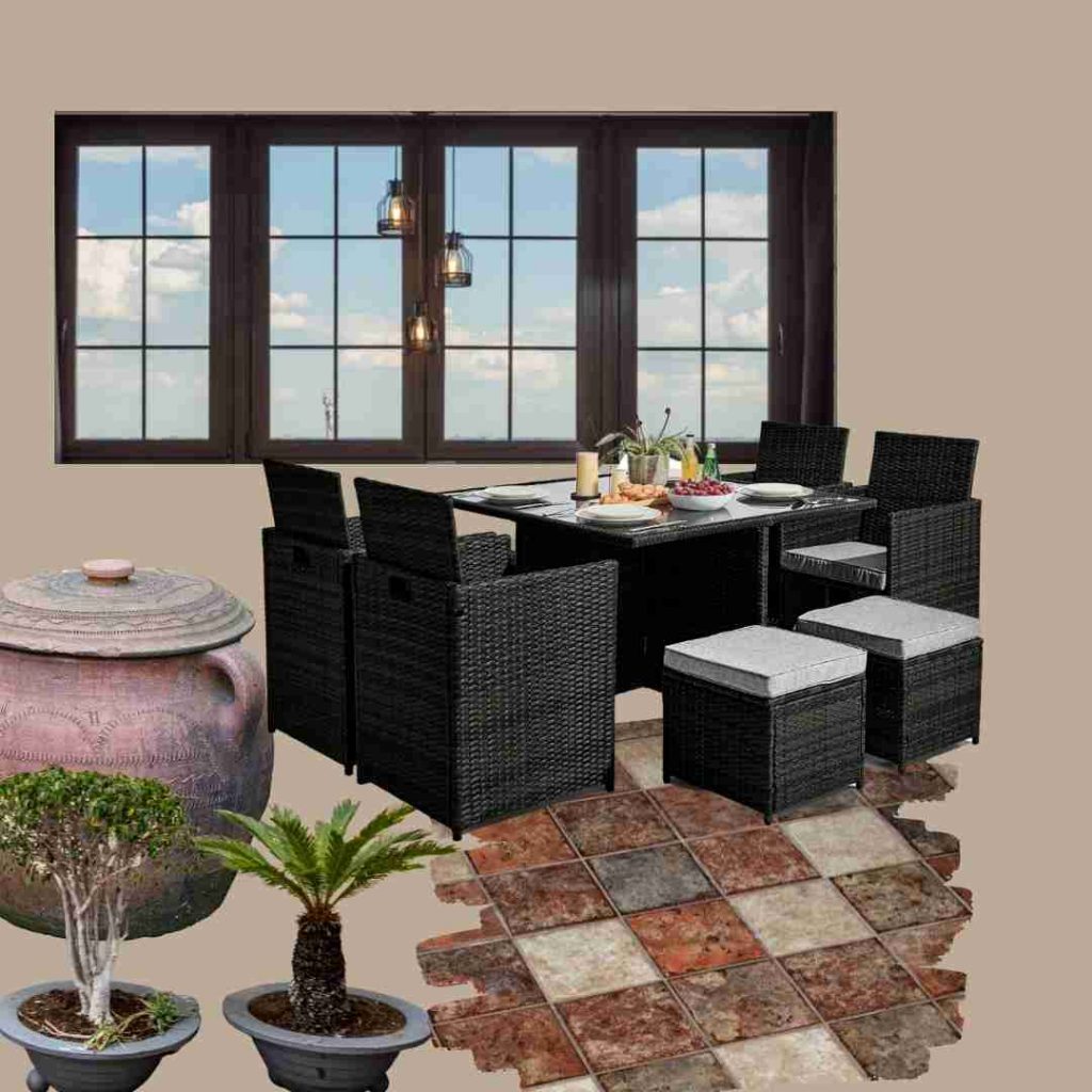 black resin 6 seater Rattan garden set with 4 chairs, 2 stools and table with glass top. In mood board with terracotta tile swatch, terracotta urn, rustic potted plants, brown windows with sky view and hanging pendant lights