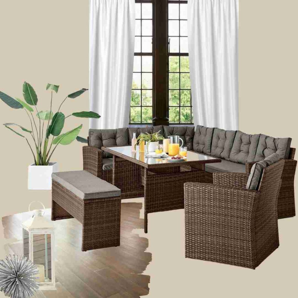 brown rattan outdoor furniture set featuring seater outdoor sofa, 1 chair and 2 sater bench, with glass-topped table. In a mood board with swatch of ash wood laminate flooring, tall brown windows and white curtains, with potted plant and white lantern.