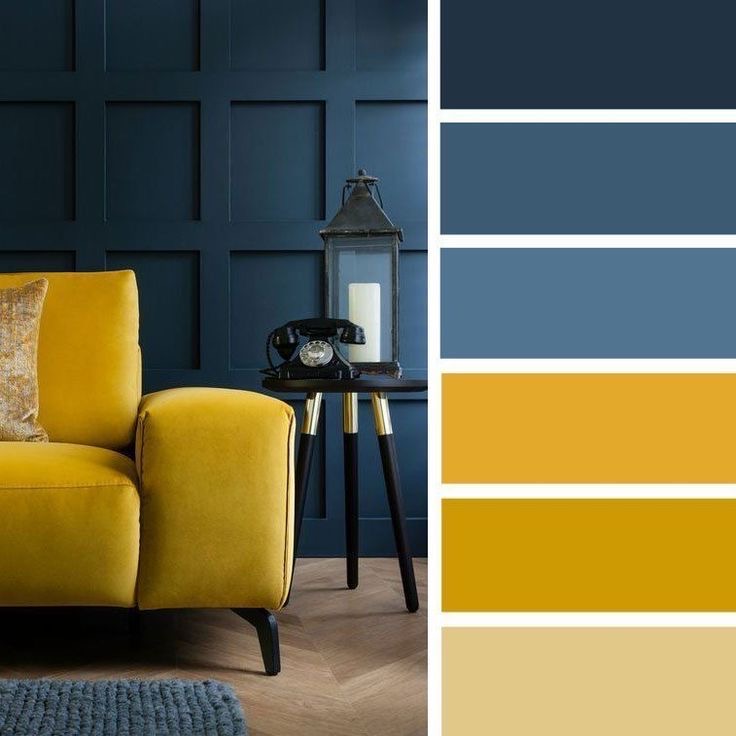 A blue and mustard living room style