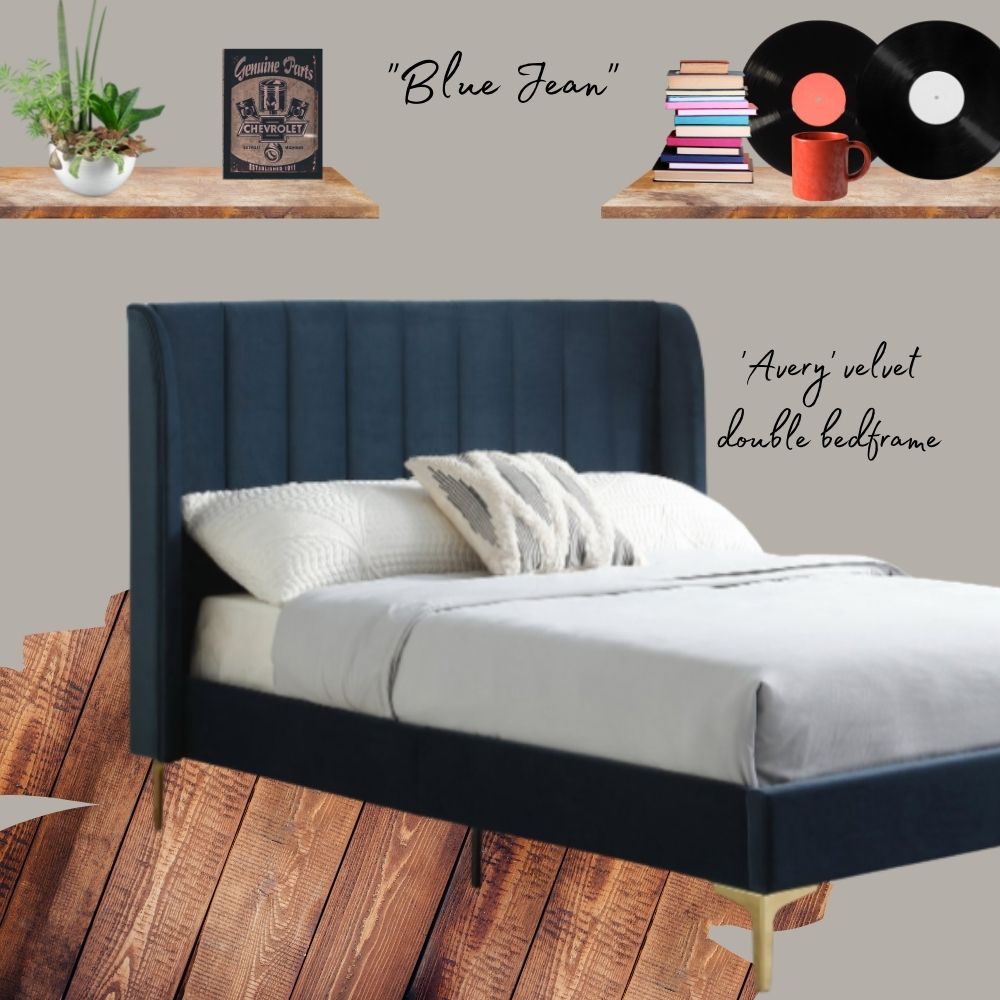 moodboard for a luxury kids and teens bedroom featuring ink blue denim coloured velvet statement bed with vertical piping on headboard and gold feet, grey linens, warm wood floor, grey wll, wood floating shelves and vintage car autoshop poster, with pot plant and vinyl records, stack of books and red mug. 