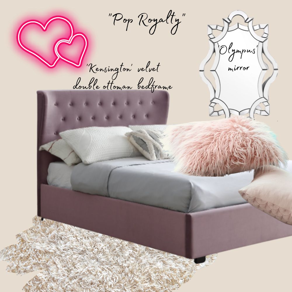 moodboard for a luxury kids and teens bedroom featuring pink statement velvet bed with modern chesterfield buttons, and large ornate wall mirror with celtic-inspired frame. Pink fluffy pillows and pink neon hearts on wall. 