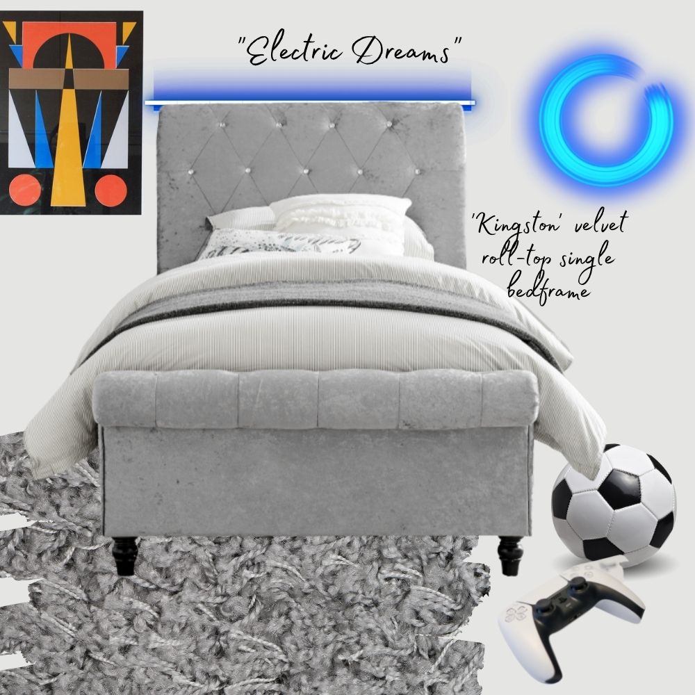 moodboard sketchbook image featuring grey crushed velvet roll-top single bed with chesterfield style buttons and grey linens, shown with swatches of grey carper and blue neon lighting, soccer football and games console,