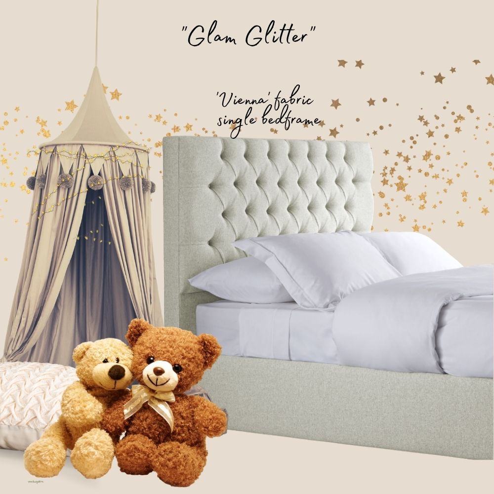 luxury childrens bedroom moodboard featuring cream fabric statement bed - single - with Chesterfield styel button tufting, white linens, 2 teddies, cream pillow, indoor children's tent with fairy lights. Cream wall with gold glittery stars motif 