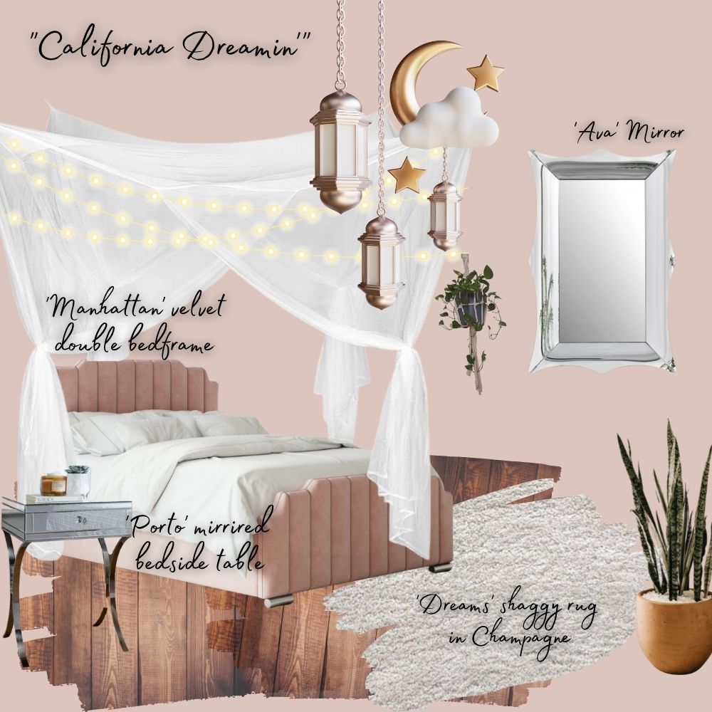 luxury teenage bedroom moodboard Rose and silver themed palette, dusky pink velvet statement bed, silver statement wall mirror, mirrored bedside table, lanterns and moon/stars mobile, potted plants in boho planters, white voile curtains mosquito net over bed with fairy lights