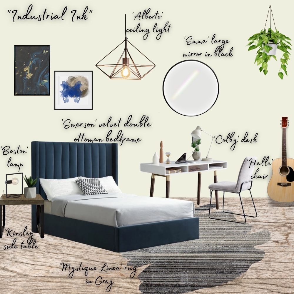 Luxury Teen Bedroom moodboard featuring: Industrial Scadi themed room featuring dark denim blue fabric velvet bed, dark wood and black metal bedside table, black industrial desk lamp, white and wood console desk, grey and black fabric chair, black round wall mirror, blue and gold artwork, grey black and beige striped rug, hanging plant and guitar
