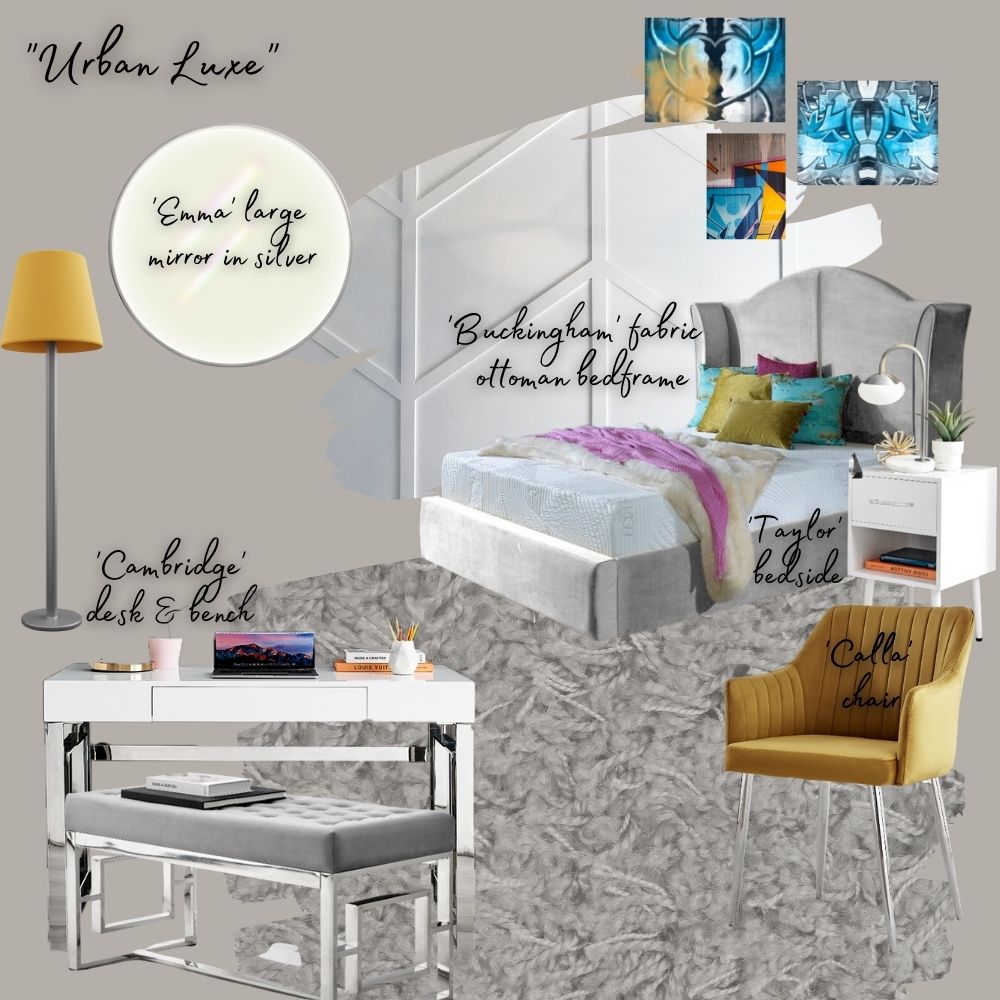 Modern Grey, White & Yellow Luxury Teen Bedroom featuring statement bed with sweeping wings, white and silver bedside table, mustard yellow chair, white and chrome desk/vanity with matching bench seat with grey velvet seat. Blue and yellow graffiti art. Grey carpet and white panelled walls. 