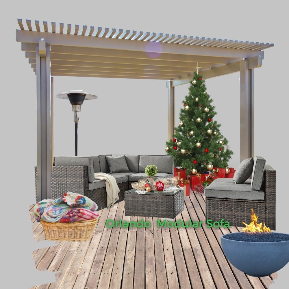 outdoor christmas - moodboard featuring brown rattan outdoor modular sofa, pergola, christmas tree and fire pit