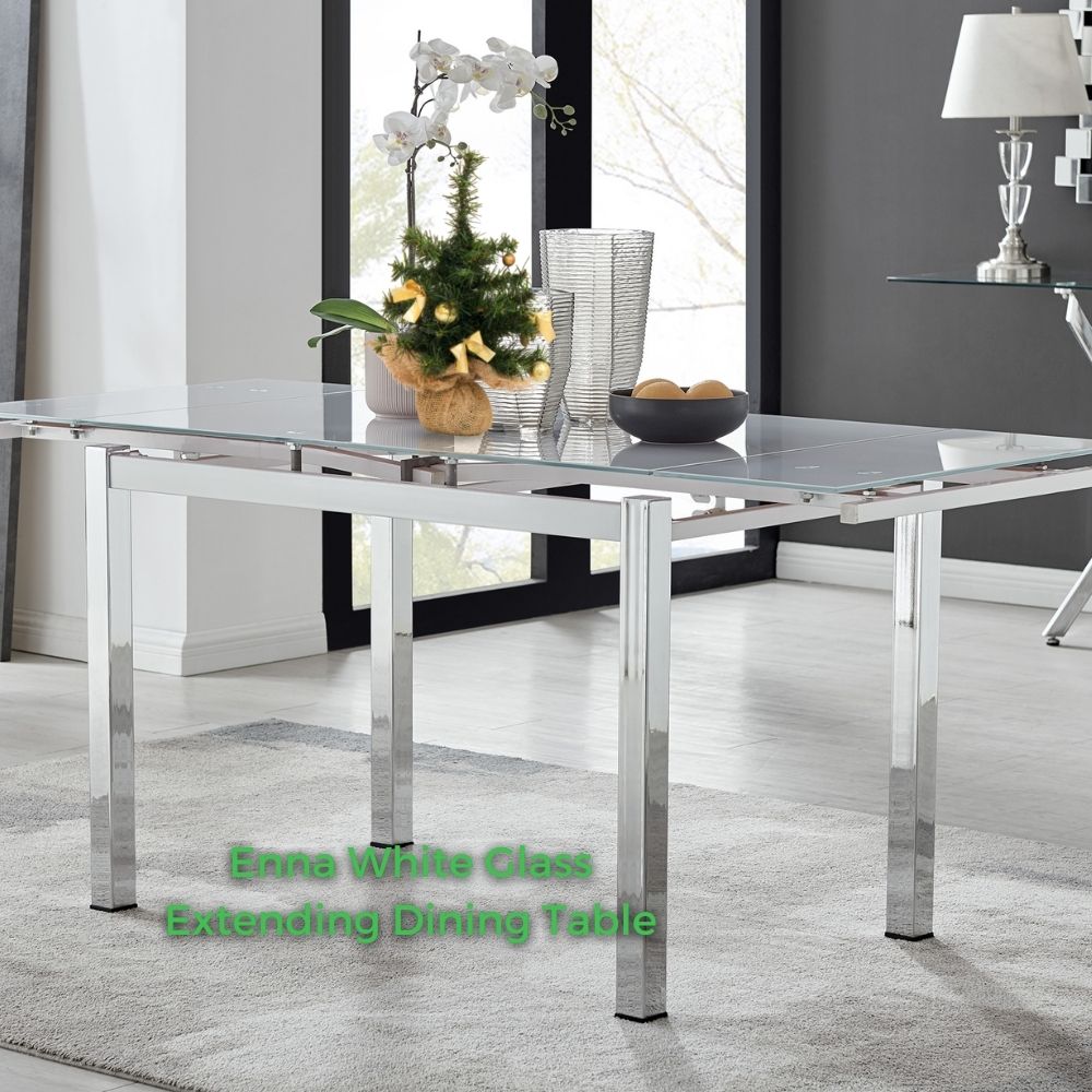 white glass and chrome rectangular extending dining table 