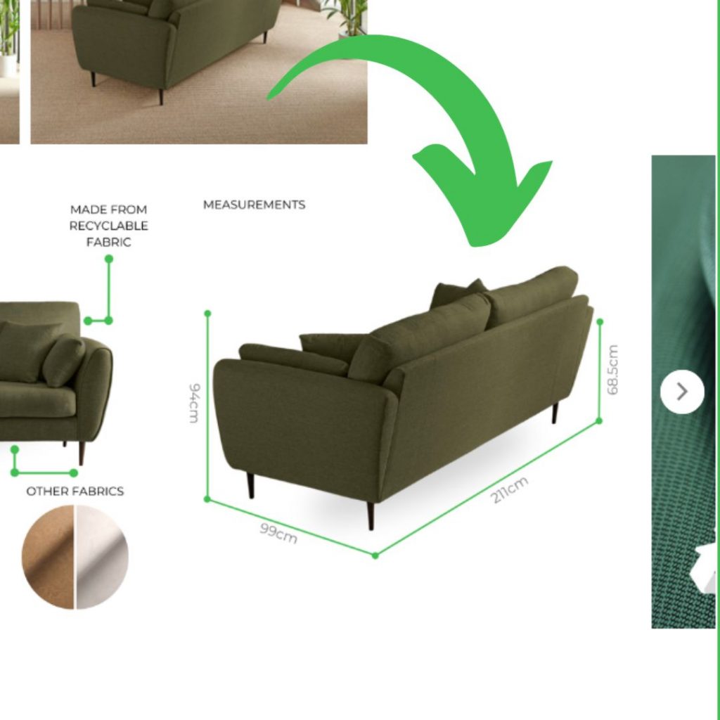 sofa dimensions shown on Furniturebox website infographic