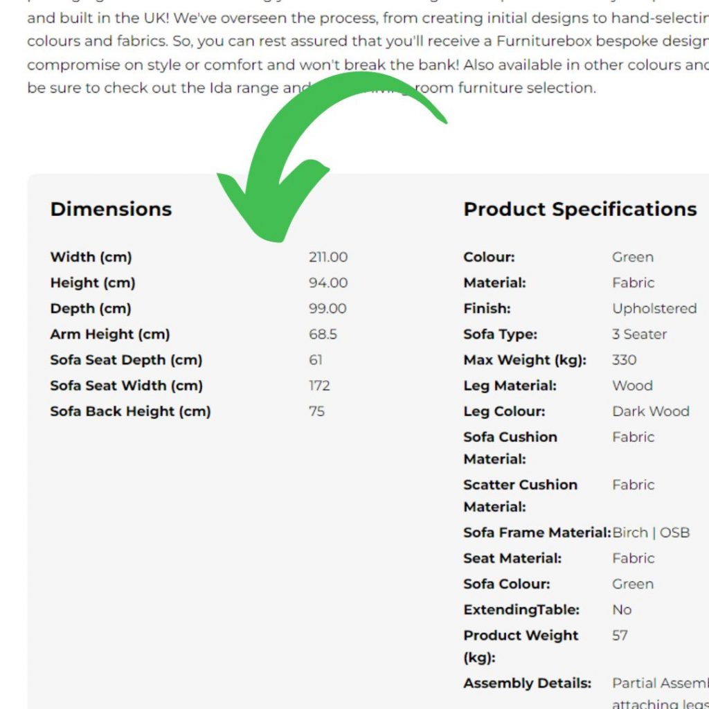 dimensions of sofa shown in table of funriturebox sofa listing below product description