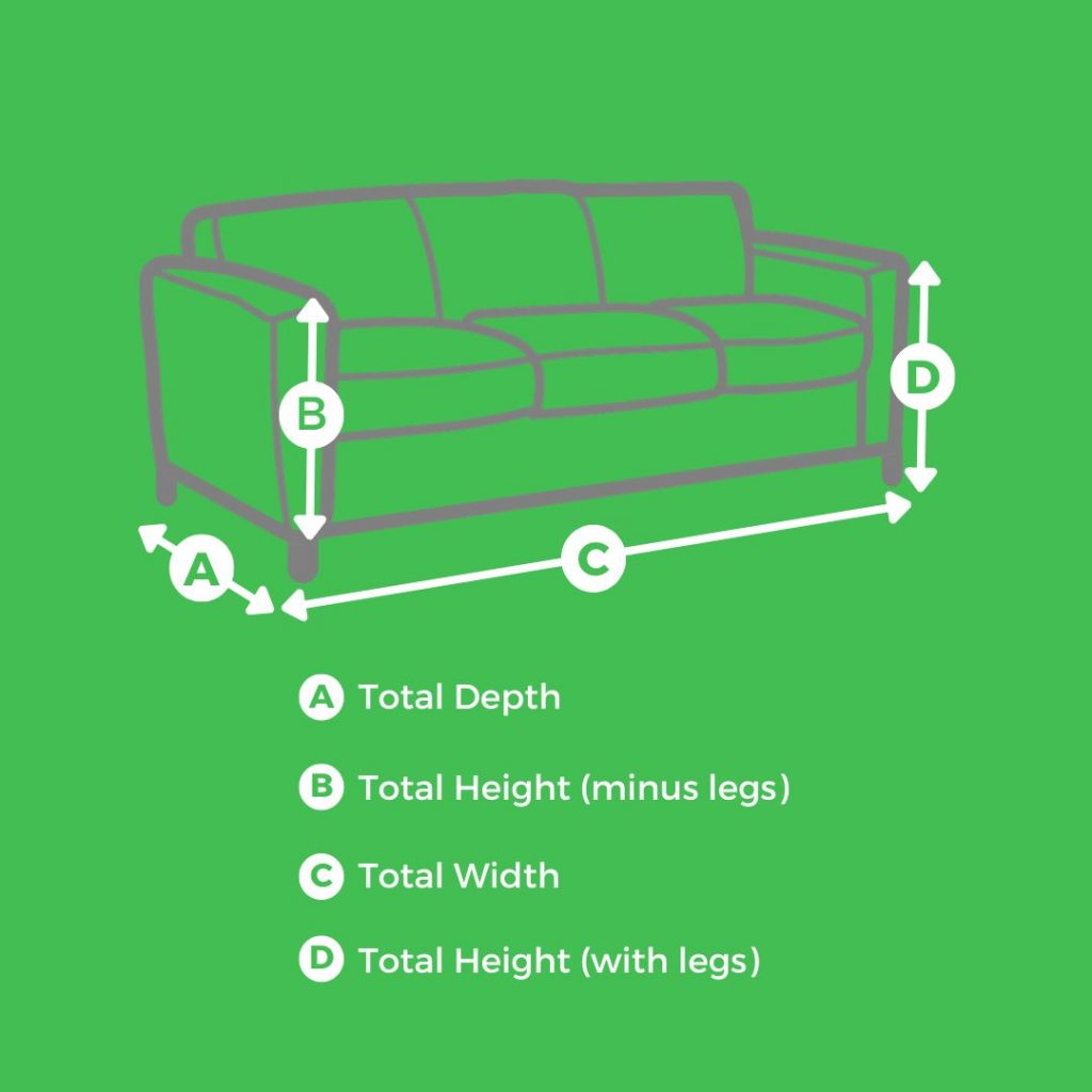 key sofa dimensions shown - total depth, total height minus legs, total width and total height plus legs. 