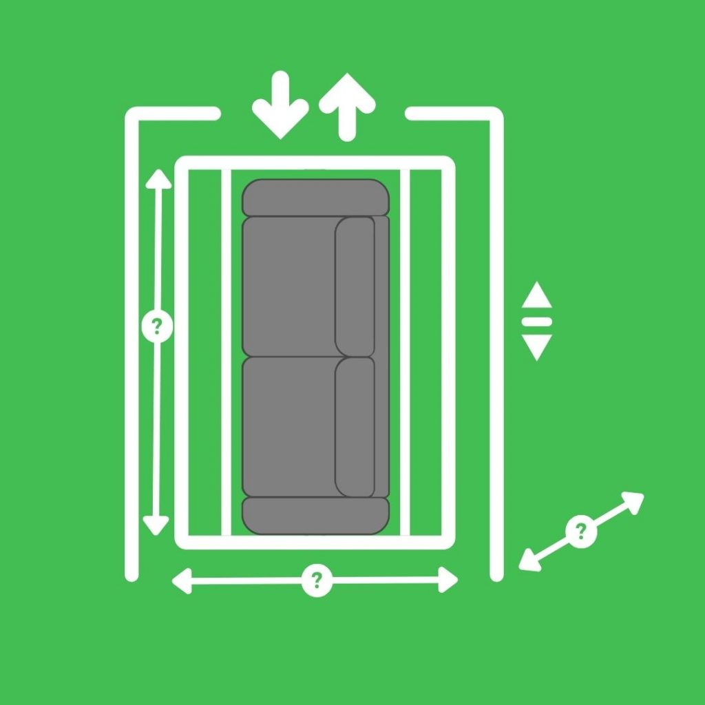 icon style infographic showing sofa upright in a lift