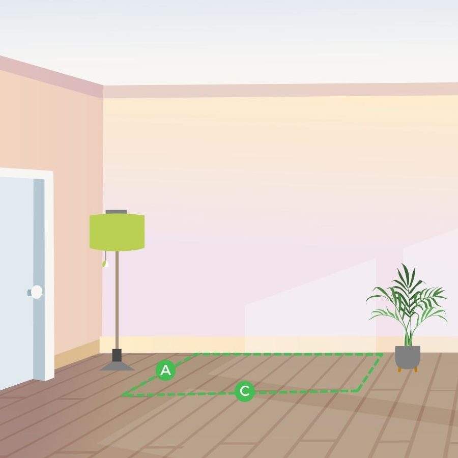 room layout with green dashed line showing footprint of sofa marked out on floor