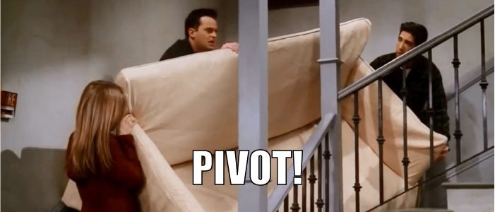meme taking from sitcom Friends where characters try to move sofa up the stairs - Ross shouting 'Pivot!'