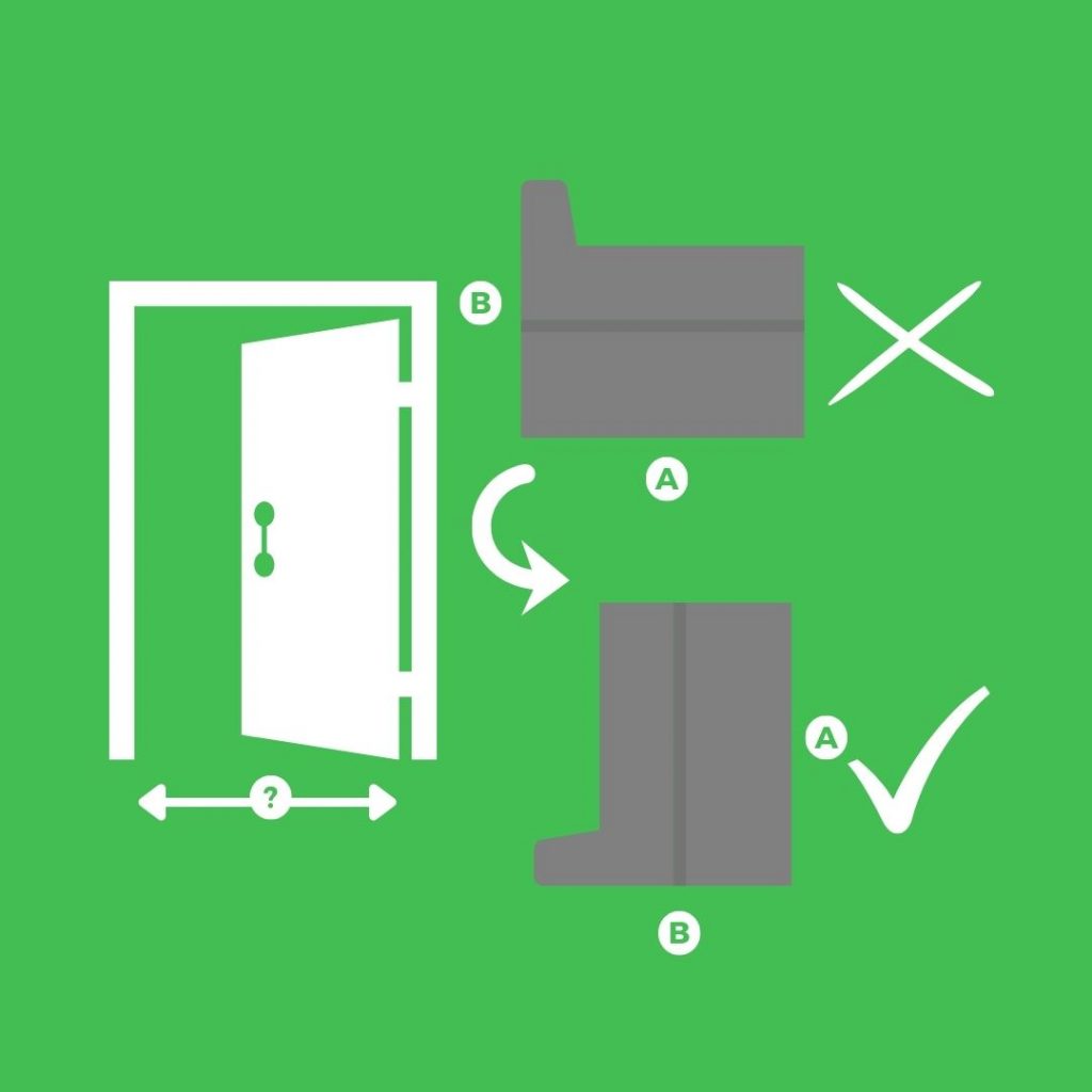 clipart style infographic showing doorway measuring and how to rotate a sofa to its narrowest side