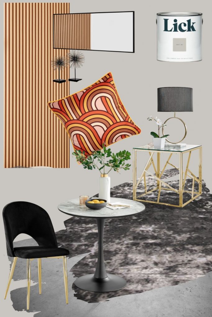 modern 70s glam disco home look with black velvet, gold and warm neutrals