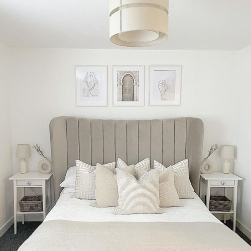 velvet upholstered bed frame from Furniturebox UK in modern grey bedroom