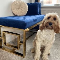 art deco 1920s glam bench in navy blue velvet with gold geometric metal fame legs