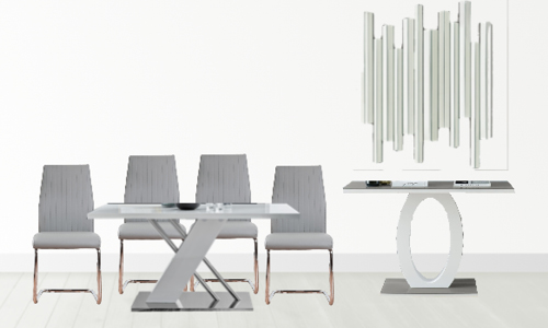 A room planner mock up of a grey dining area with staggered mirror and console table