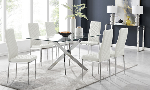 The real life white dining furniture with a grey and silver wall