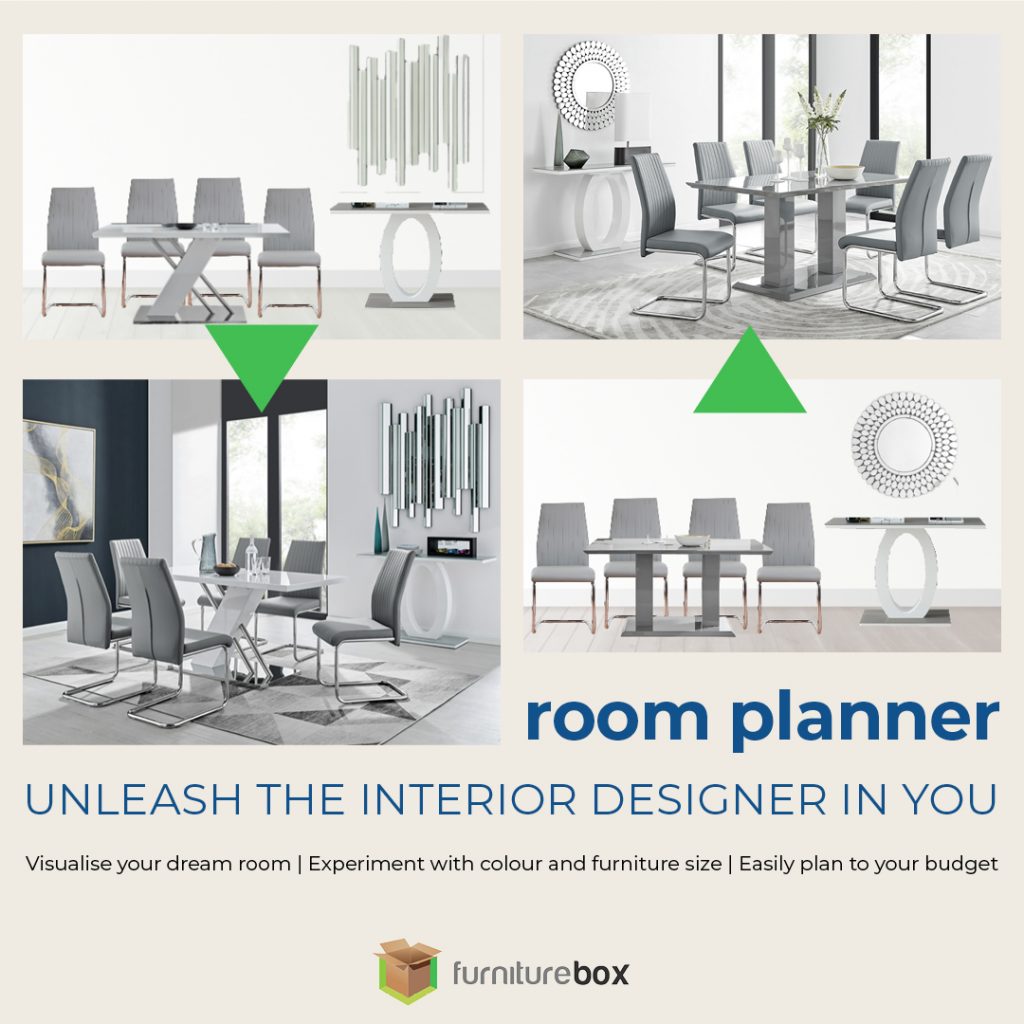 imge shows room planner image with actual real-life room set up with matching dining set - table, chairs, consile table and mirror, to show how the room planner can become reality.