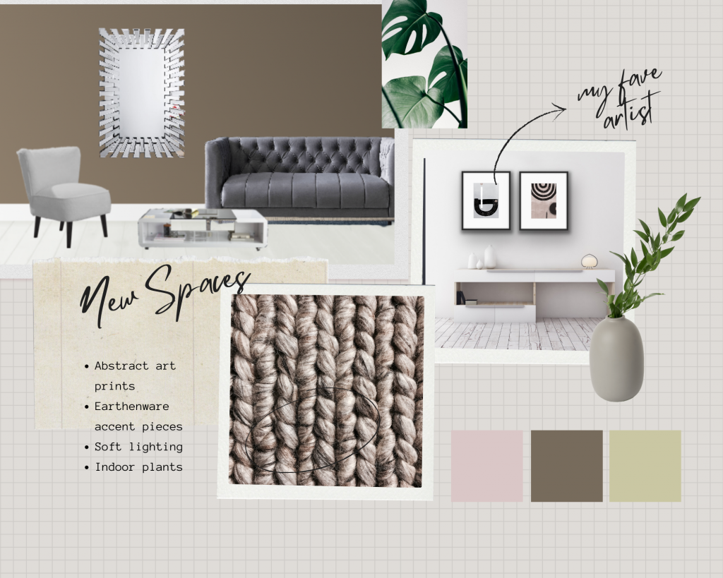 collage-style image showing a mood board of colours, fabric swatches, and a furnturebox uk room planner image in the top left corner.