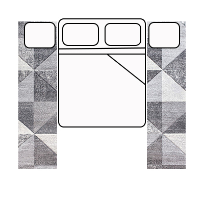 Aerial floor plan showing double bed and bedside tables with rug runners placed on either side of the bed.