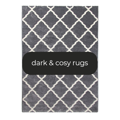 dark grey rug with moroccan inspired trellis tile pattern in white cream