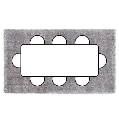 Aerial floor plan showing 9 seater table with chairs all sat on a large fluffy grey shaggy rug