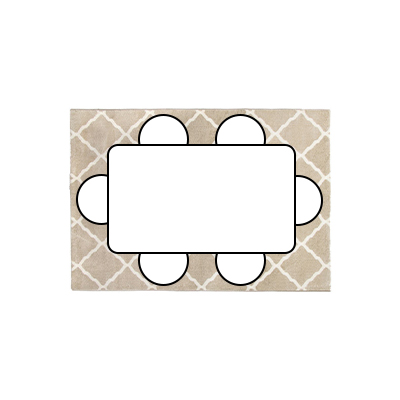 Aerial floor plan showing 6 seater table with chairs all sat on a beige modern rug with Moroccan inspired trellis tile pattern.