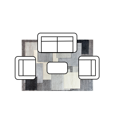 floor plan showing aerial view of sofa, 2 armchairs and a coffee table. The front edge of the sofa and chairs are placed on a fluuy, patterend rug.