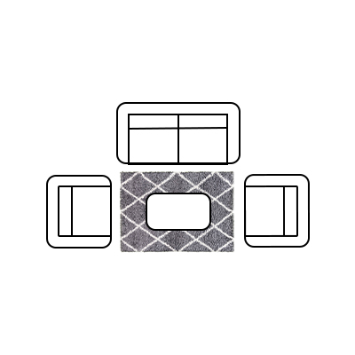 floor plan showing aerial view of sofa, 2 armchairs and a coffee table. The coffee table is placed a medium sized rug with trellis pattern.